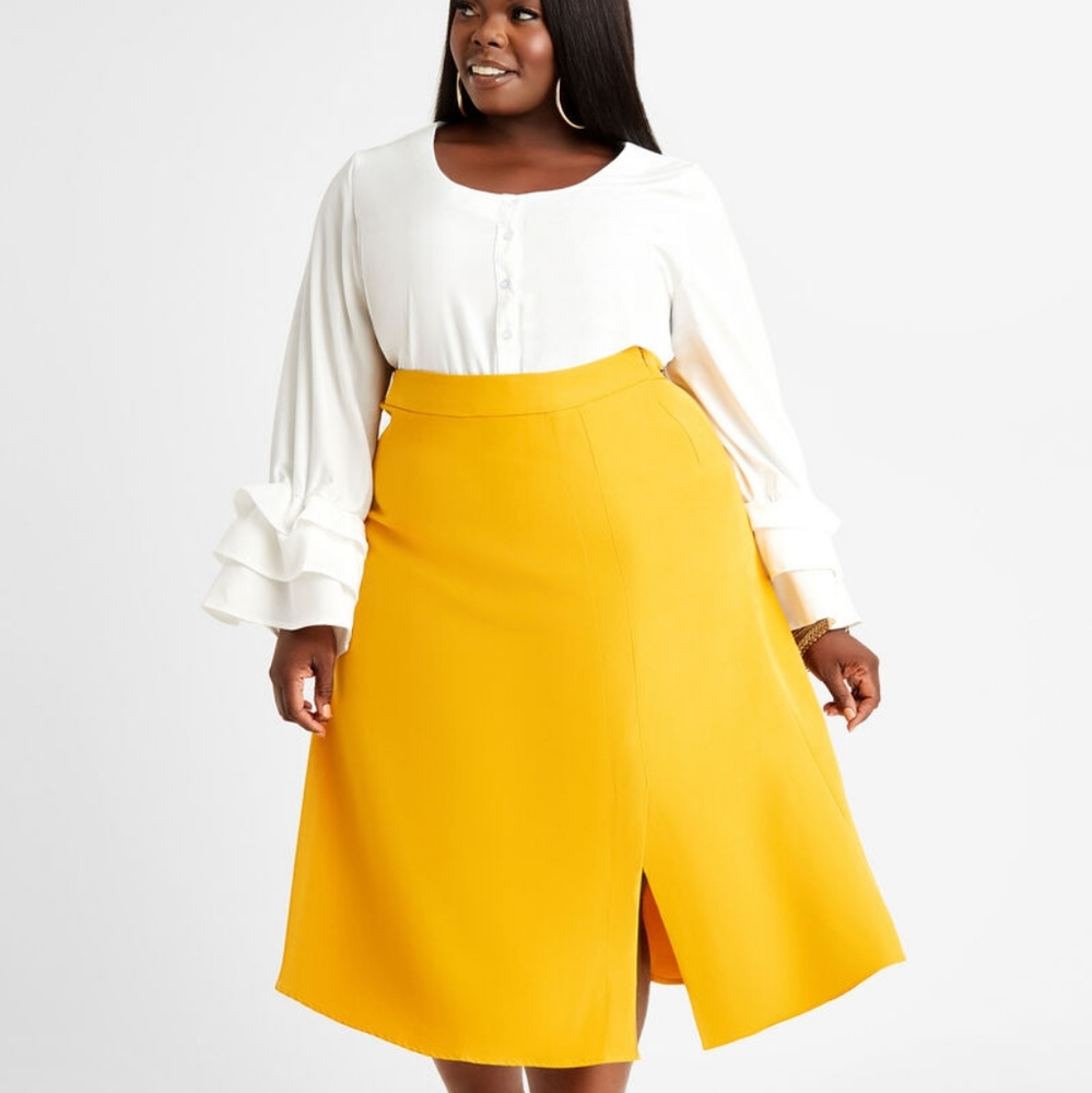 Plus-Size Yellow A-Line Midi Skirt with Front Slit